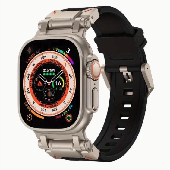【ブラック】Apple Watch メカ風チタンカラースチールメタルコネクタシリコンバンド
