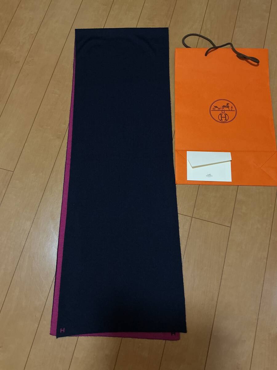 未使用　HERMES マフラー　ストール　カシミヤ　シルク　ネイビー／パープル　男女可