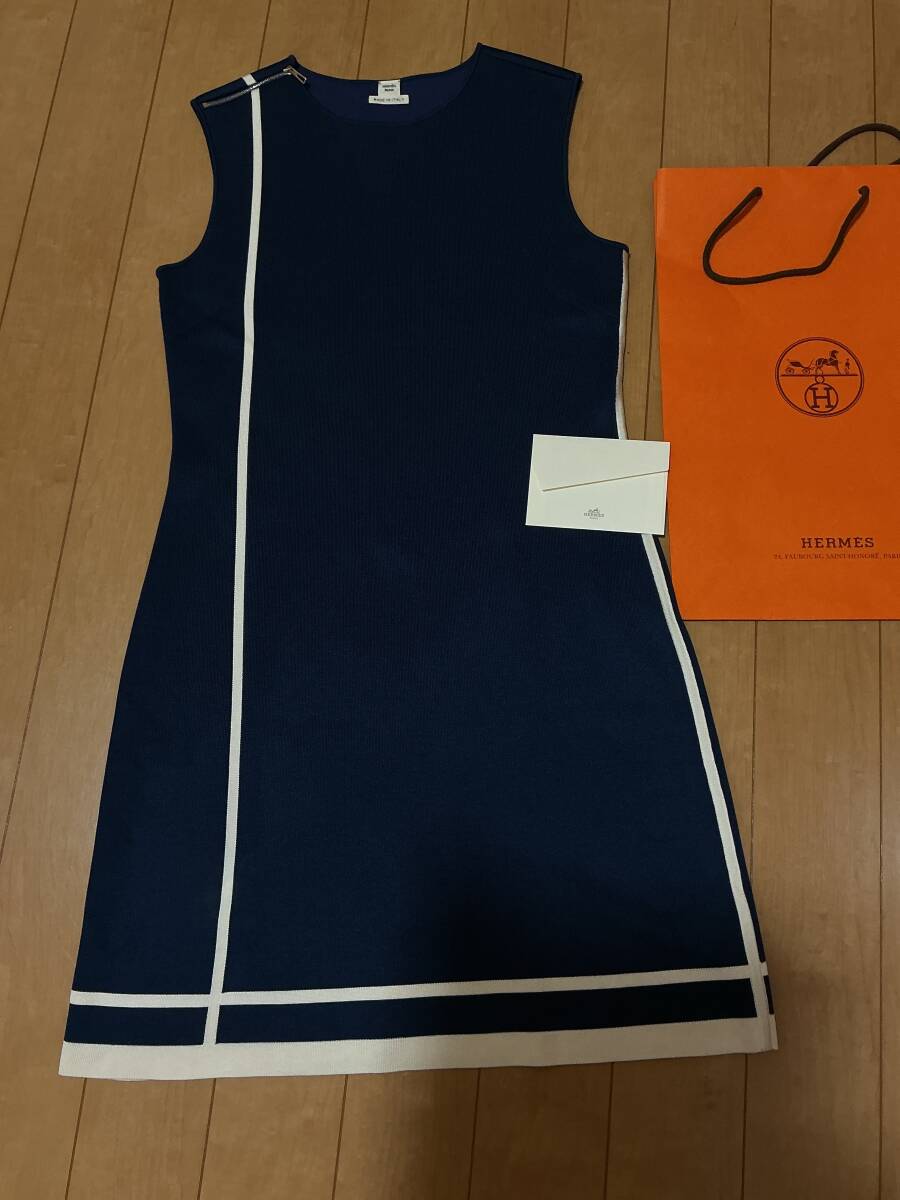 極美品　HERMES エルメス　ニット　ワンピース　ネイビー/白　36