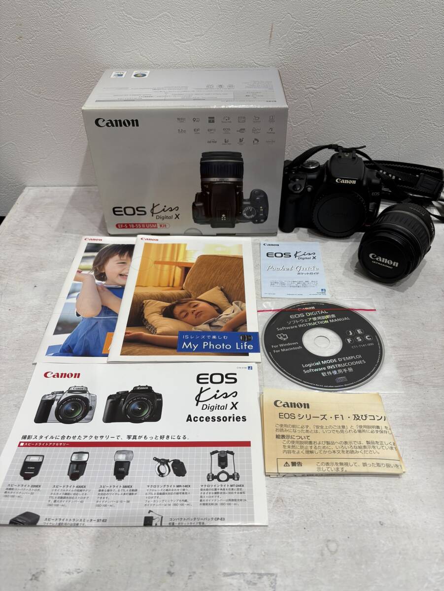 【1円スタート】Canon EOS Kiss Digital X 一眼レフデジタルカメラ CANON ZOOM LENS EF-S 18-55㎜ 1:3.5-5.6 USM 動作未確認 箱/説明書付き