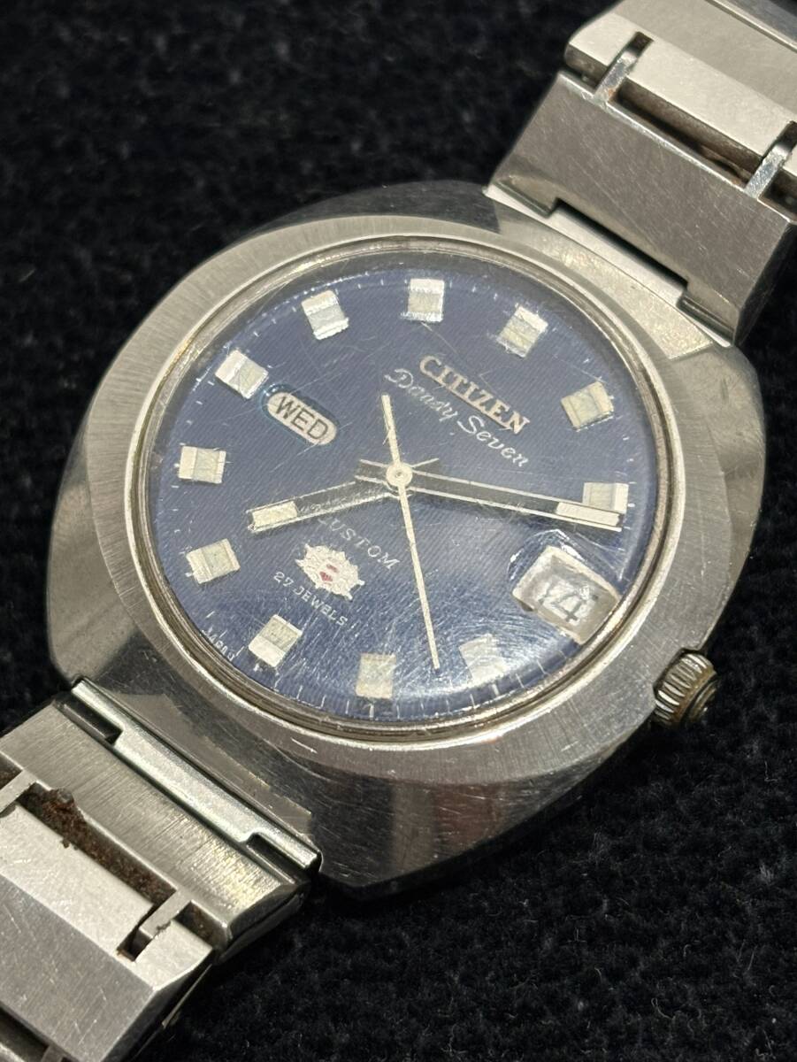 【1円スタート】稼働品 CITIZEN シチズン Dandy Seven ダンディーセブンカスタム 2815-Y デイト 自動巻き 27石 アナログ 青文字盤 腕時計