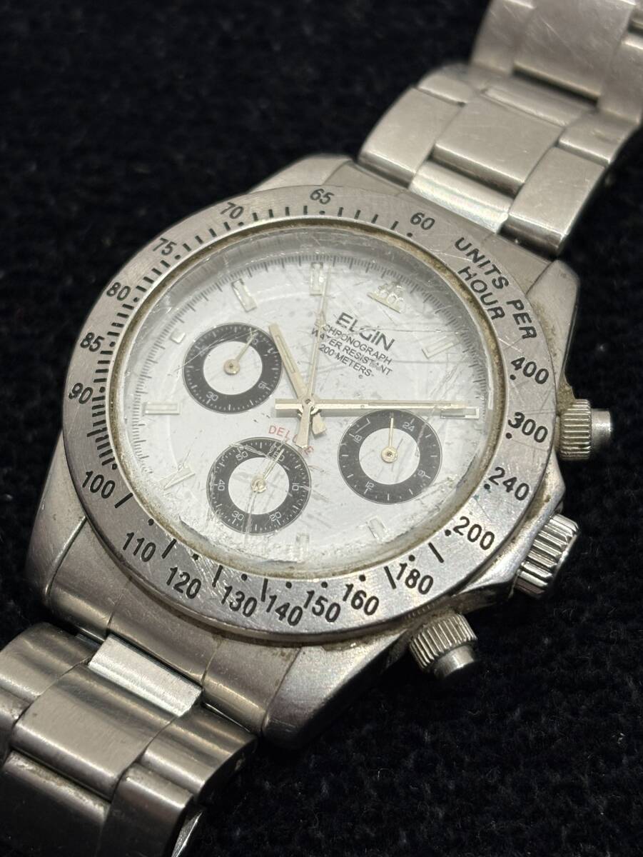 【1円スタート】ELGIN エルジン FK-1059-T メンズ腕時計 クォーツ クロノグラフ ジャンク 白文字盤 シルバー 純正ベルト 動作未確認