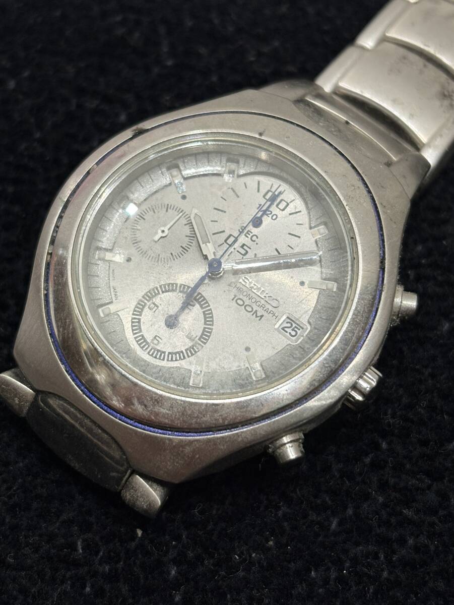 【1円スタート】SEIKO セイコー クロノグラフ 100M 7T92-0BL0 QZ シルバー文字盤 メンズ腕時計 純正ベルト 動作未確認