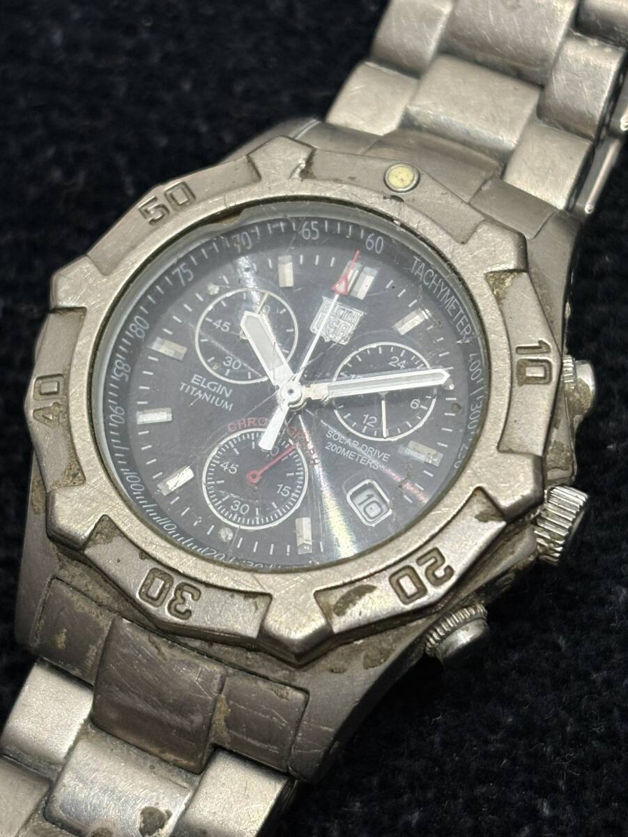 【1円スタート】ELGIN エルジン チタン ソーラー電波 クロノグラフ FK-1205-C メンズ腕時計 純正ベルト 動作未確認