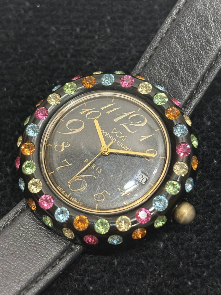 【美品】bonbonwatch Alexanclra PARIS 腕時計 ブラック ラインストーン 動作未確認