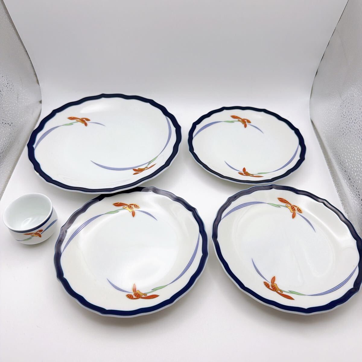 香蘭社 オーキッドレース 5個セット プレート 皿 食器 小皿 大皿 蘭 保管品 KORANSHA お猪口 おちょこ 花柄 保管品 中古品 現状品 ブルー 