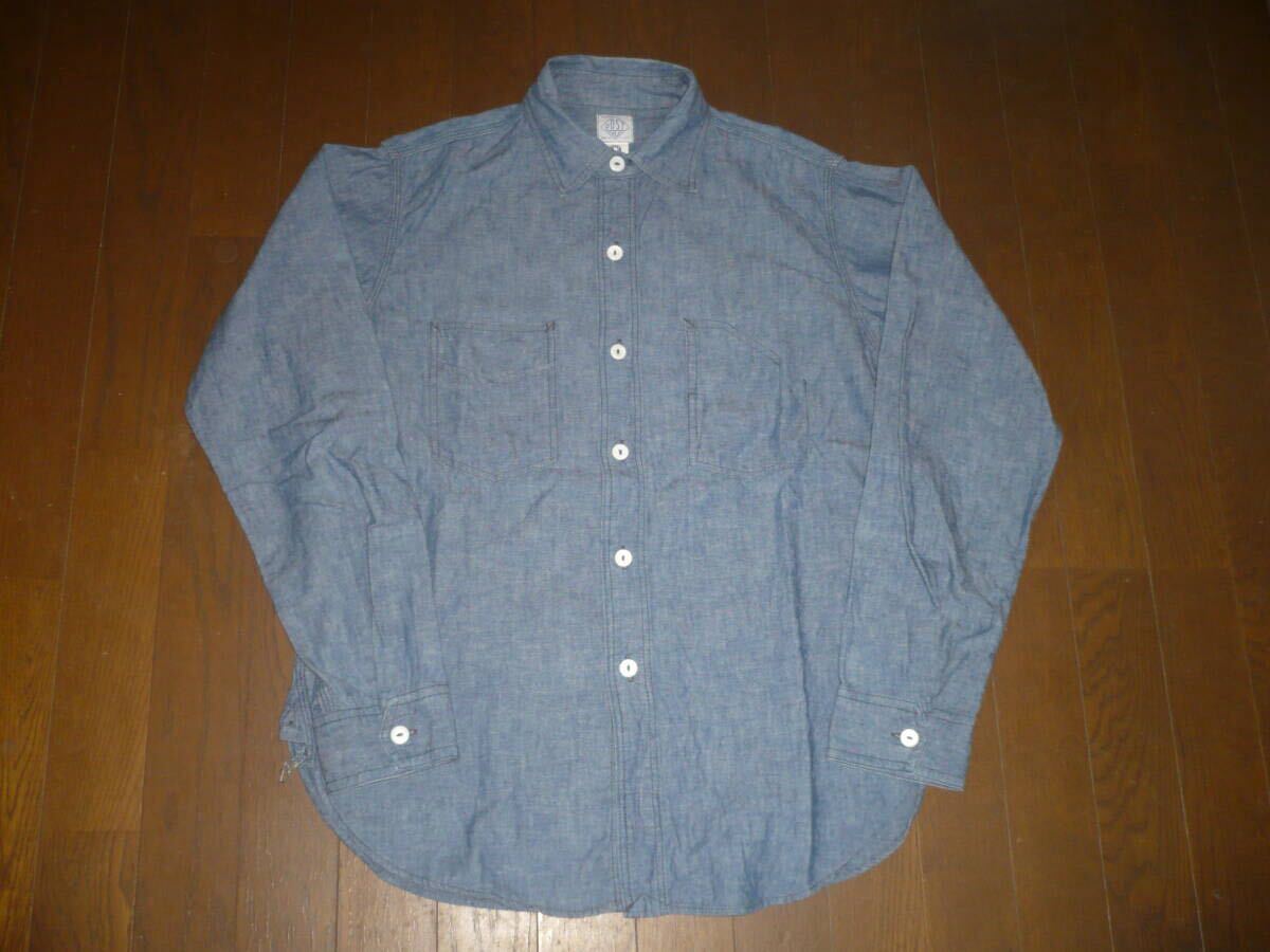 POST OVERALLS　♯1102　シャンブレー　ワークシャツ　chambray　Sサイズ　日本製　チンスト付き　POST O'ALLS　チャコールステッチ