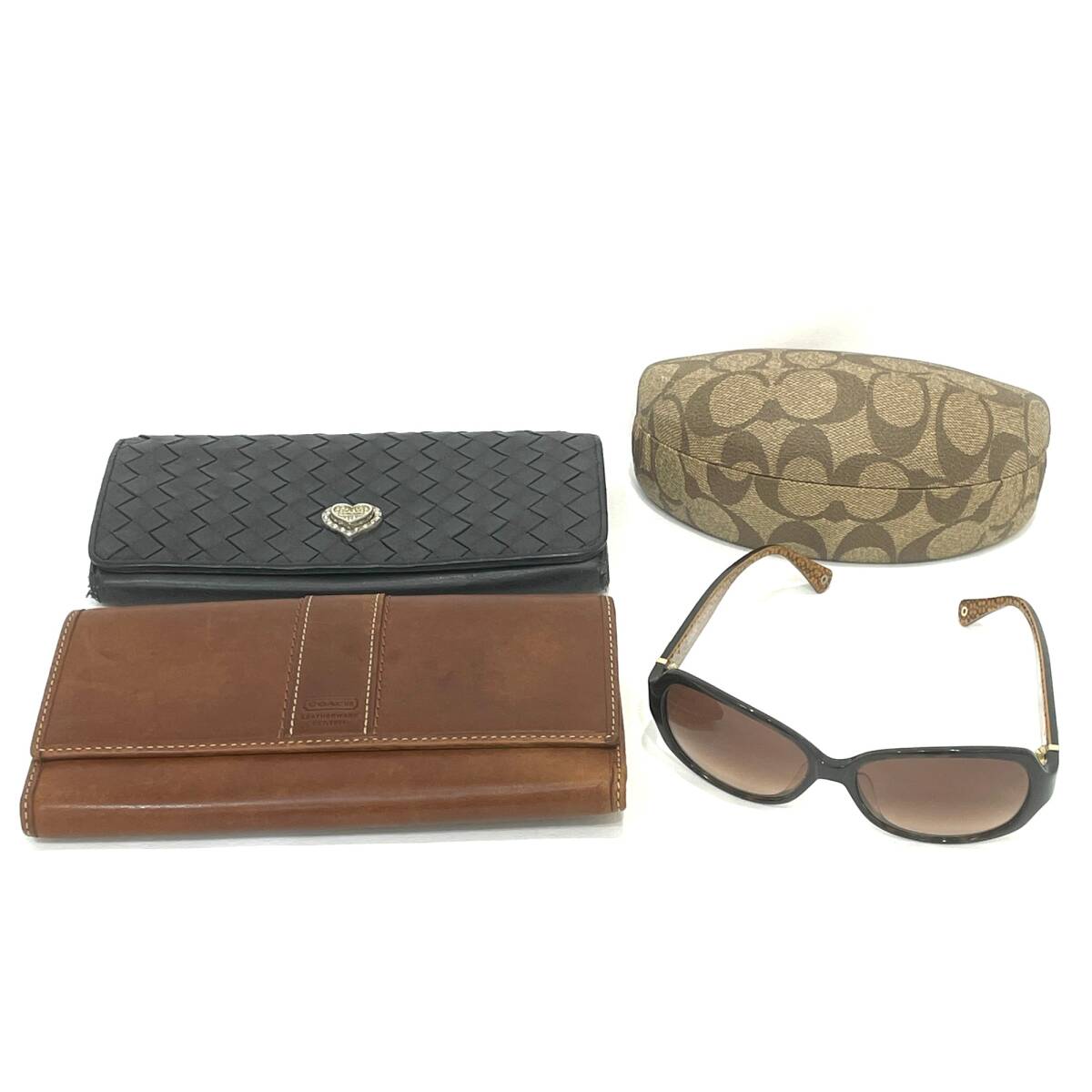 D【1円スタート】 COACH コーチ サングラス NB 財布 3点まとめ シグネチャー柄 ブラウン アイウェア カラーレンズ レザー ロングウォレット