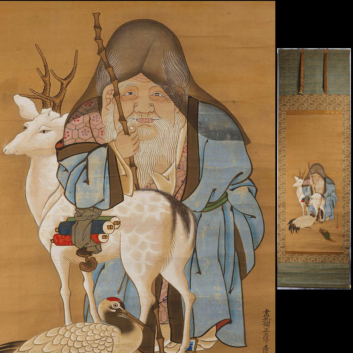 【真作】XL38 旧家初出 在銘 寿老人 細密 極彩色 肉筆 絹本 掛軸 / 中国古玩 清代 明代 清朝期 仏教美術 仏画 仏像
