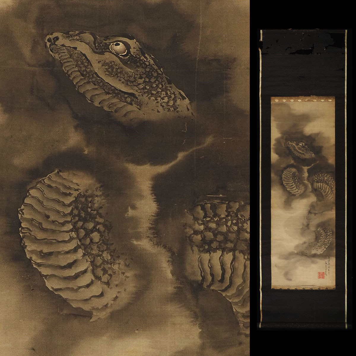 【真作】XL49 旧家初出 在銘 昇蛇 細密 水墨 肉筆 絹本 掛軸 / 中国古玩 清代 明代 清朝期 花鳥図 龍 古画 古筆