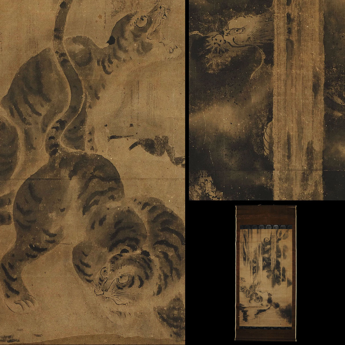【真作】XL71 旧家初出 龍虎図 細密 水墨 肉筆 紙本 大幅 掛軸 横96cm / 中国古玩 清代 明代 清朝期 花鳥図 古画 古筆 江戸期