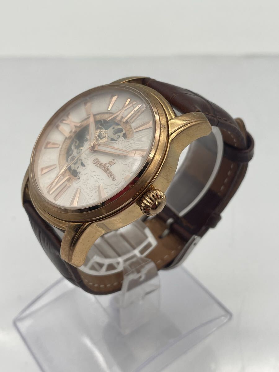 Y【500円スタート】Orobianco OR-0011 腕時計 自動巻き design オロビアンコ ブラウン レザーベルト 裏スケ リューズOK 稼働品