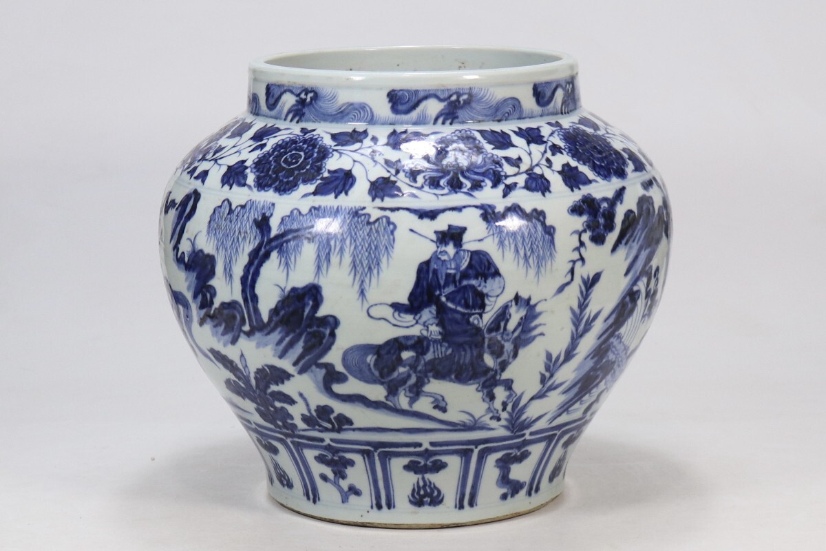 【萬藏】中国古美術 元時代 青花 人物 罐 壺 骨董 古玩 時代物 中国美術 古美術 骨董品 唐物 当時物 高さ29cm w18
