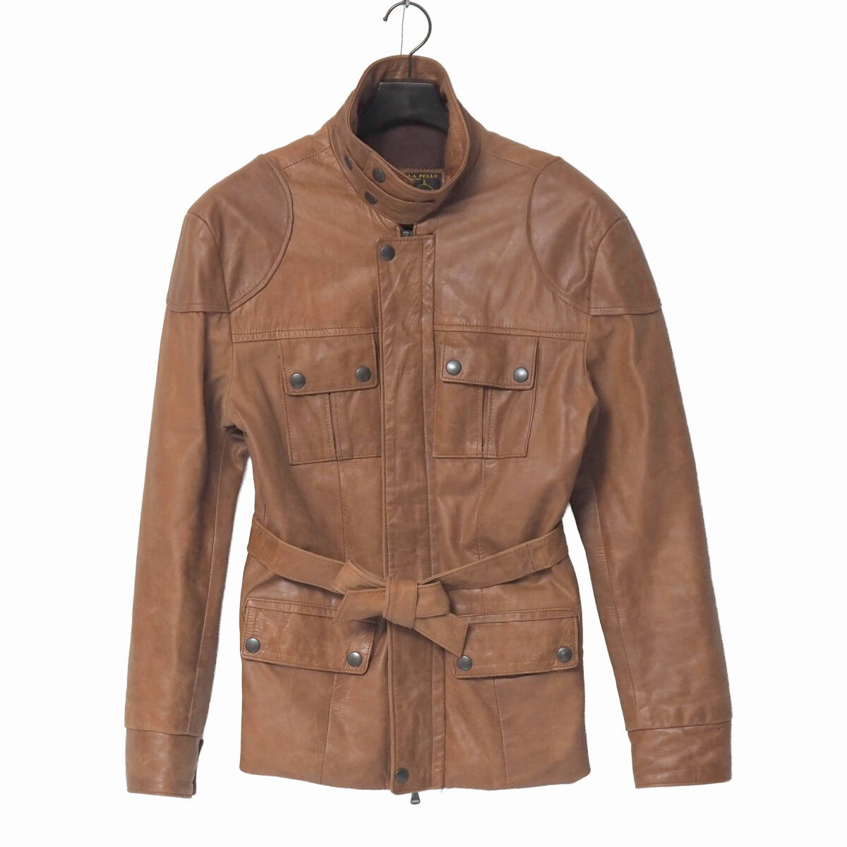 TK2039◇イタリア製 STELLA PELLE メンズ48 ベルト付き 肩パッチ レザージャケット 革ジャン ジップブルゾン ブラウン系