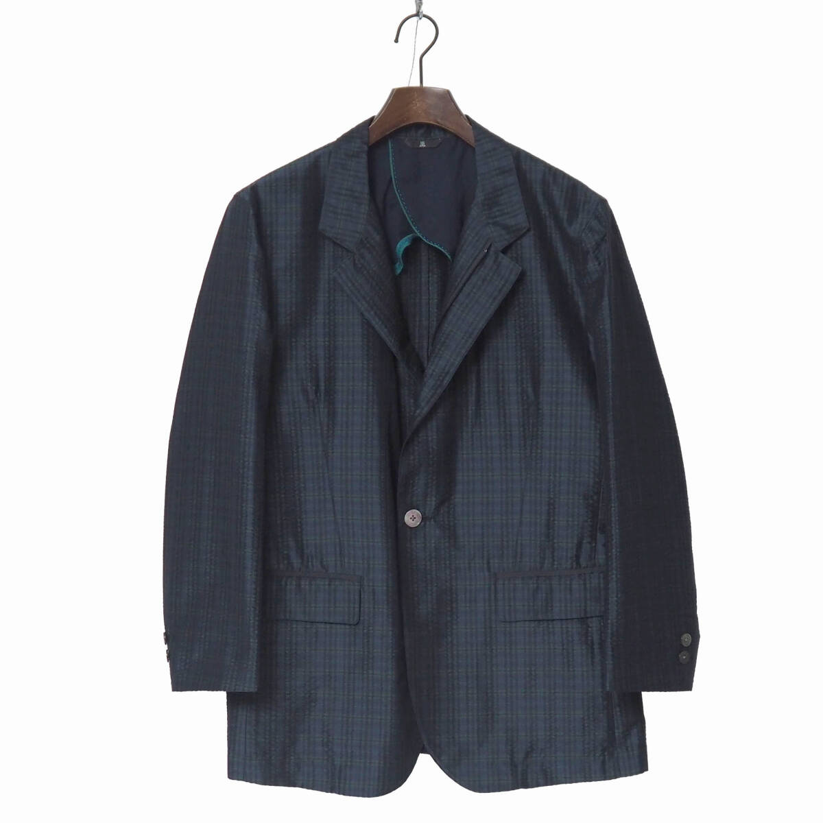 TK1922▽LANVIN COLLECTION/ランバン コレクション*メンズ48*チェック*シルク混*ジップアップ*テーラードジャケット*ブレザー*ネイビー系