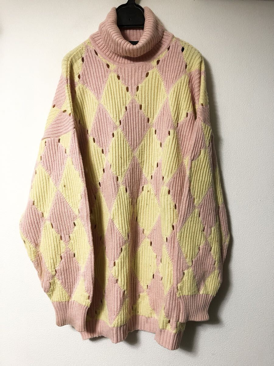 istante VERSACE オールド イタリア製 カットアウト アーガイルニット オーバーサイズ 薄ピンク イエロー タートル 80s 90s 