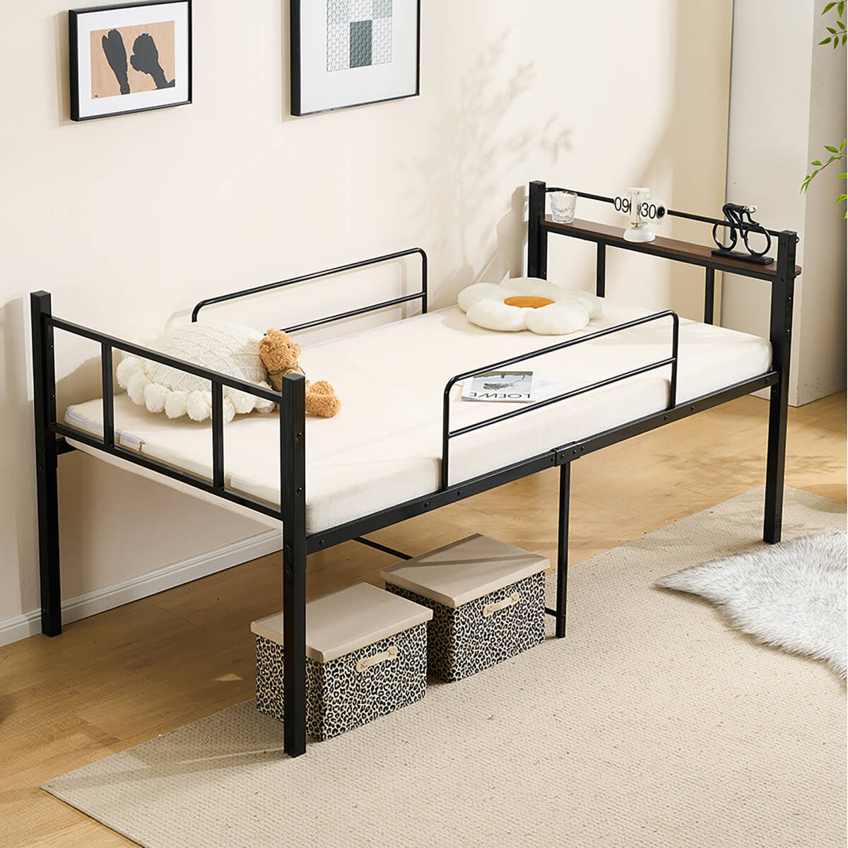 【ブラック】ロータイプベット 宮棚　ベッド シングル ロング パイプ ベット　 スチール　ベッド下 収納付きフレームベッド 1人用 