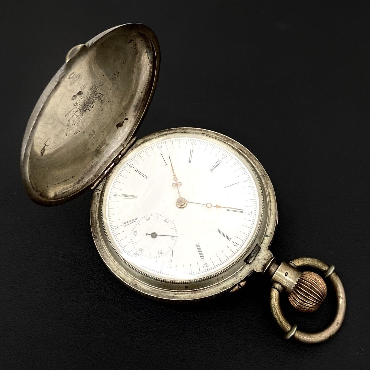 吉【希少】総重量138.9g R.Schmid アールシュミット商会 明治期 銀無垢 0.800刻印 懐中時計 商館時計 騎士印 両蓋 アンティーク 稼働 銀製