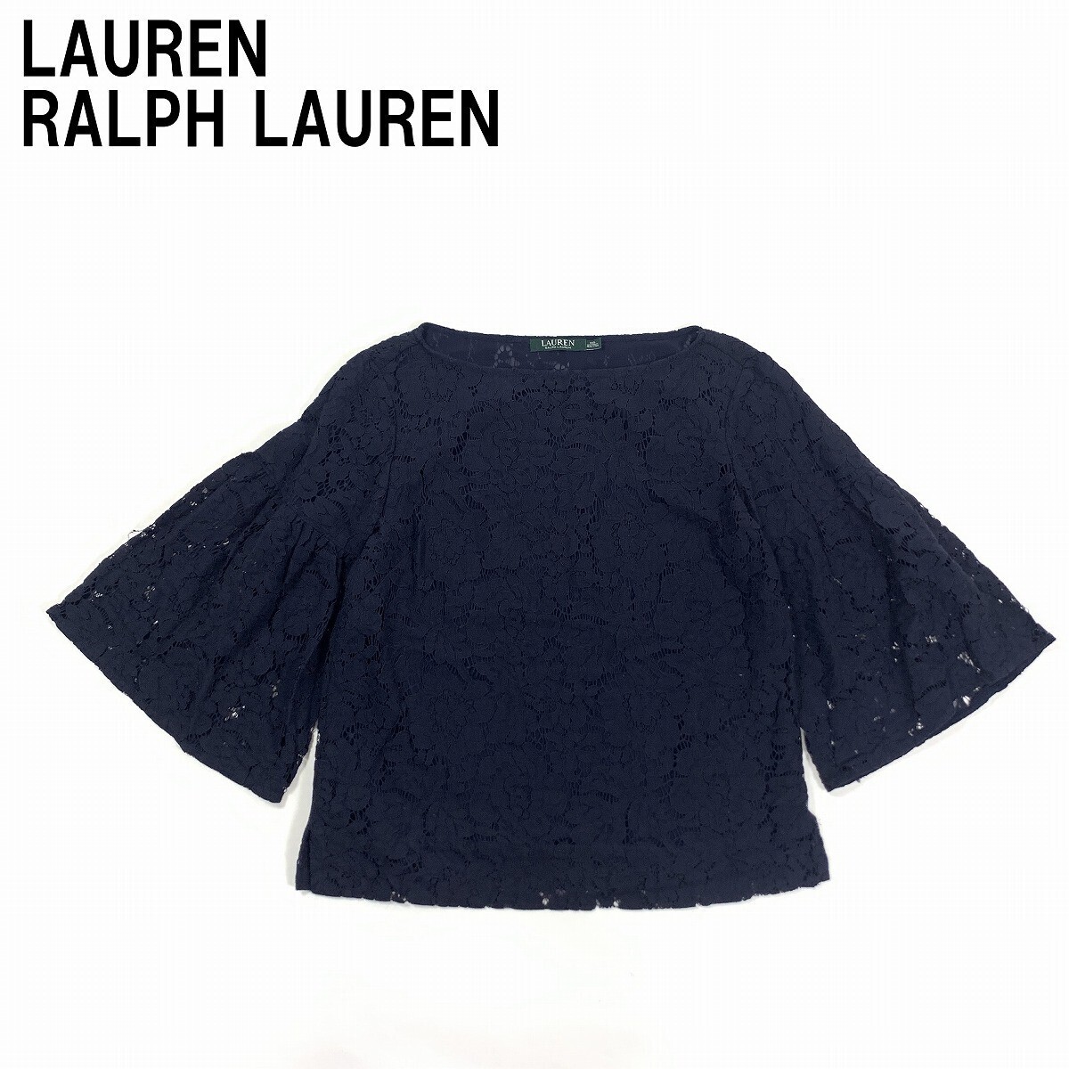 LAUREN RALPH LAUREN ローレンラルフローレン 七分袖トップス 綿 コットン 袖フレア 紺 ネイビー XXS◆送料無料◆YC676