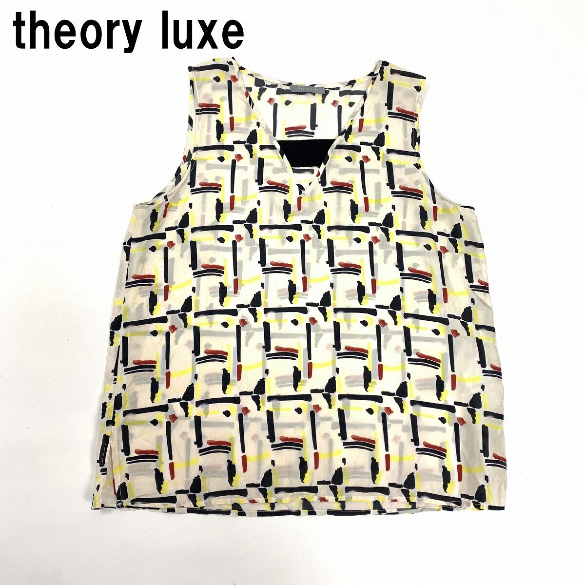 theory luxe セオリーリュクス ノースリーブブラウス シルク100％ 総柄 白 ホワイト 黄色 イエロー 紺 ネイビー 40◆送料無料◆YC1583