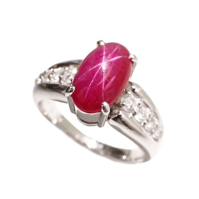 Pt900 天然スタールビー ダイヤモンド 指輪 3.293ct 0.35ct 11.8g 13号 プラチナ オーバルカボションカット リング ジュエリー ミニ鑑別書