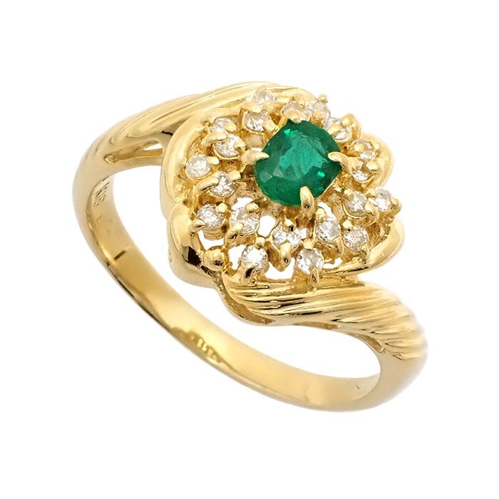 K18 エメラルド・ダイヤモンド 指輪 フラワーモチーフ 0.17ct 0.12ct 2.7g 9号 イエローゴールド 18金 花 リング ジュエリー アクセサリー