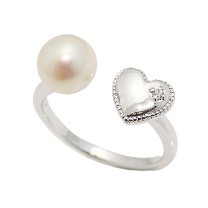 K18WG パール ダイヤモンド 指輪 ハートモチーフ 0.01ct 3.2g 13号 ホワイトゴールド 18金 真珠 1Pダイヤ リング ジュエリー アクセサリー