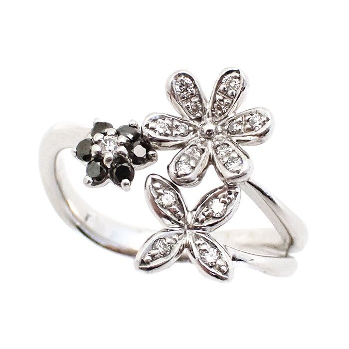 【新品仕上げ済】K18WG ブラックダイヤモンド 指輪 フラワーモチーフ B0.11ct 0.12ct 5.5g 13号 ホワイトゴールド アクセサリー ジュエリー