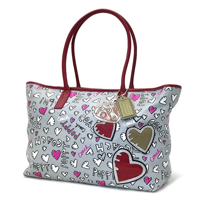コーチ(COACH) ポピー グラフィティ トートバッグ 16507 ハート 総柄 チャーム付き グレー ピンク ハンドバッグ ショルダーバッグ