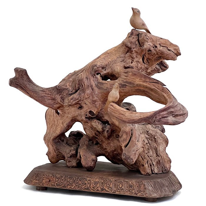 【骨董品】天然木 小鳥モチーフ 流木 置物 インテリア オブジェ 美術品 工芸品 彫刻 ブラウン 送料880円