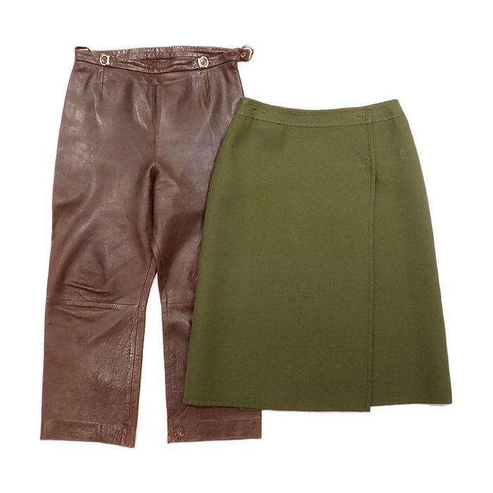 セリーヌ(CELINE) レザーパンツ サイズ42 ブラウン 巻きスカート ウール サイズ40 カーキ 2点セット レディース アパレル ファッション 服