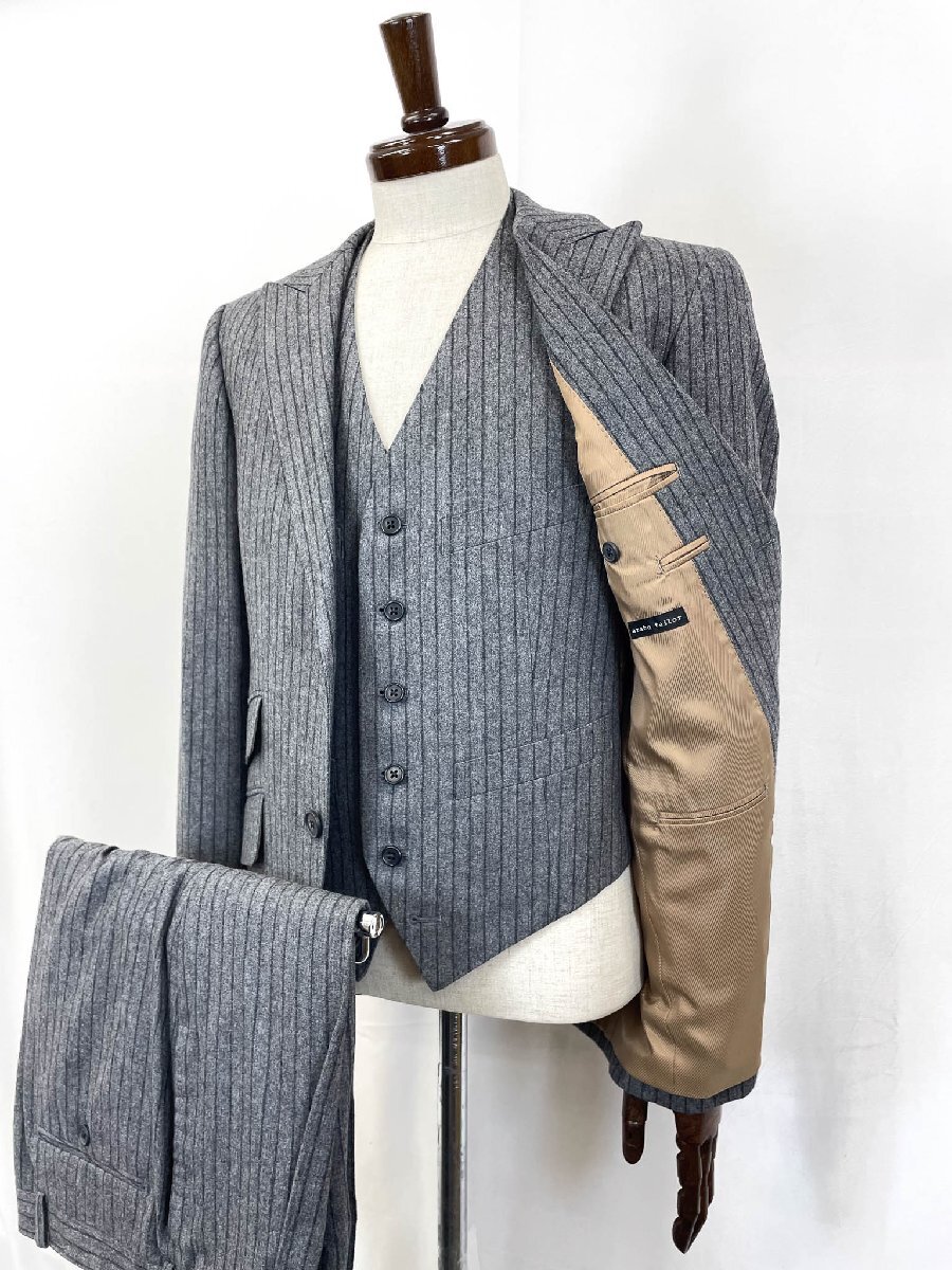 HH超美品【azabu tailor 麻布テーラー】 フランネル生地 2ボタン3ピーススーツ (メンズ) size46 A グレー系 ストライプ柄 ★33RMS3849★
