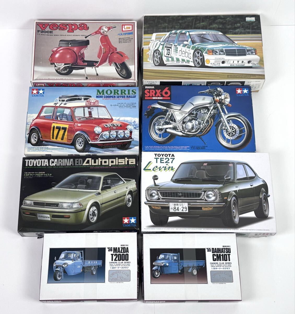 AZ-246 未組立 当時物 自動車 バイク プラモデル 8点 TAMIYA FUJIMI IMAI ベスパ ミニクーパー SRX-6 TOYOTA カリーナ ベンツ TC-86 T2000