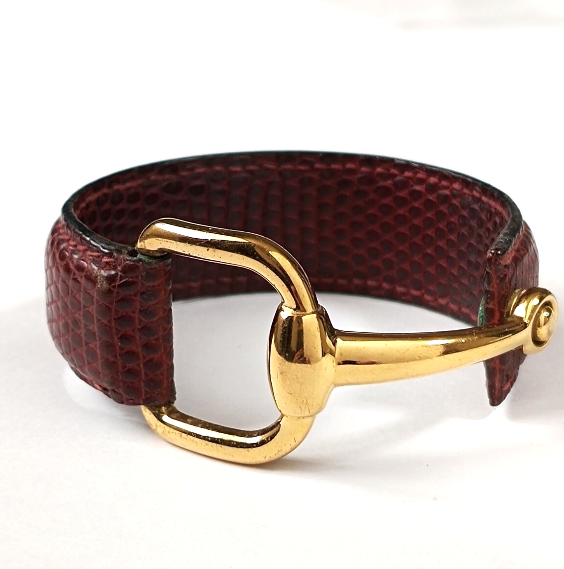 GUCCI　グッチ　ホースビット　 バングル　ブレスレット　レザー　リザード　ブラウン　赤茶　ゴールド　オールドグッチ