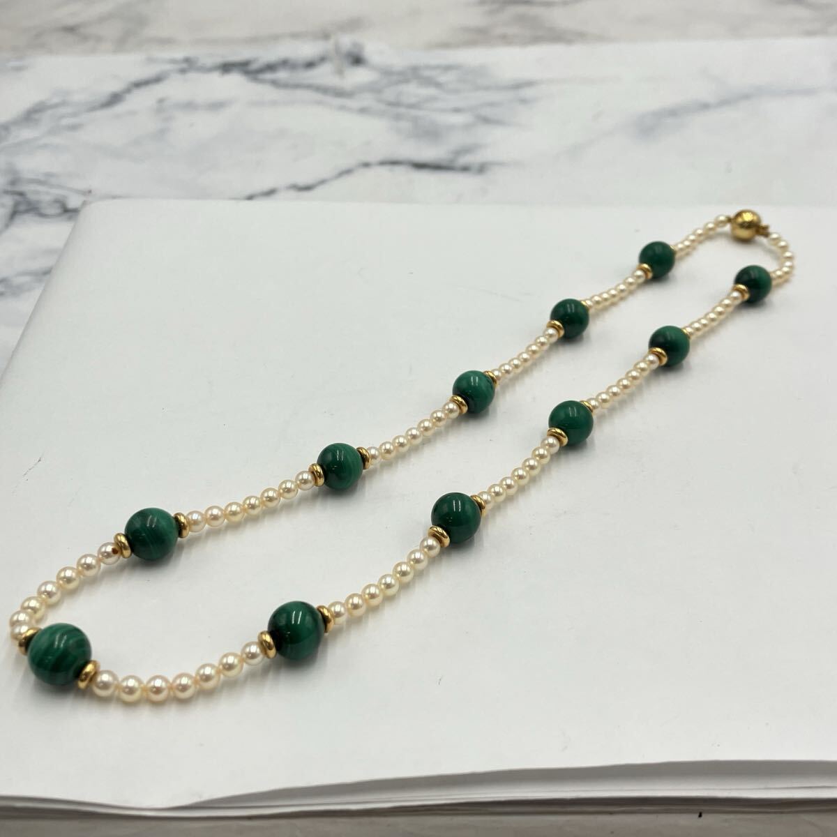 □貴金属アクセサリー パールネックレス カラーストーン 750刻印 レディース 総重量26.4g 全長約46.2cm