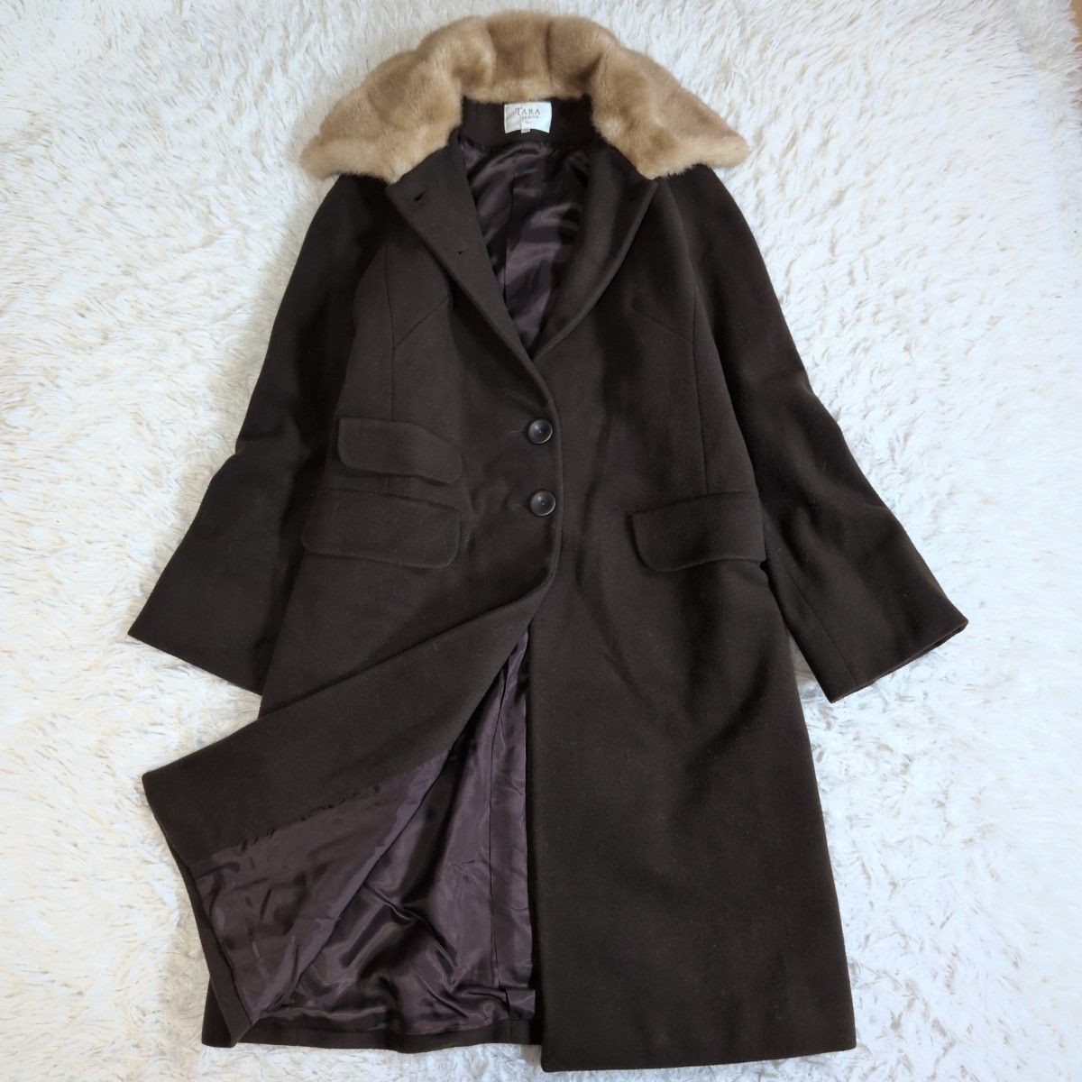 希少！！ TARA JARMON タラジャーモン カシミヤ混ファー付きロングコート カシミア ブラウン 38 ステンカラー ウール 38 M相当