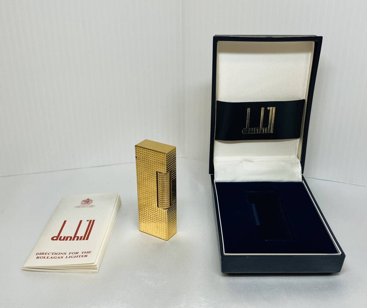 □ 1円～ 現状品 Dunhill ダンヒル ガスライター US.RE. 24163 PATENTED MADE IN SWITZERLAND スイス製造 箱付き ゴールド系 喫煙グッズ 