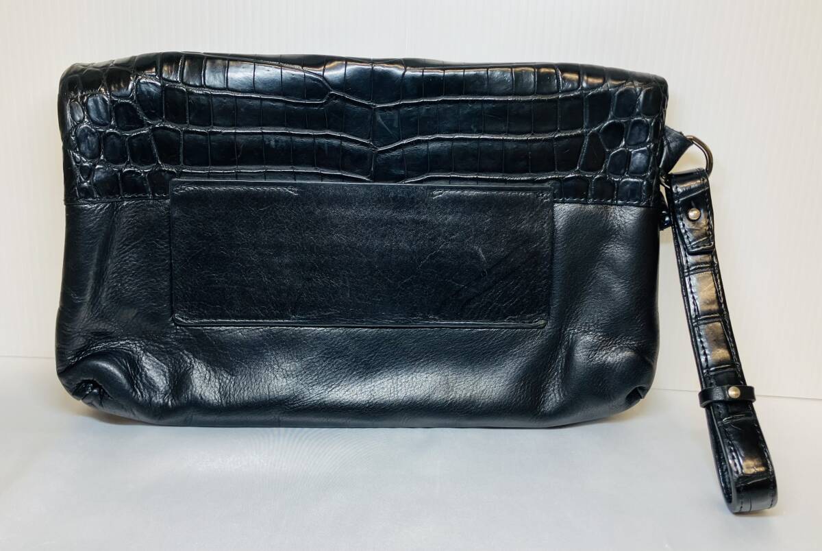 □ 1円～ 現状品 セカンドバッグ 本革 クロコダイル スリムバッグ ブラック 黒 リアルレザー riri ファスナー ハンドル オーダー制作