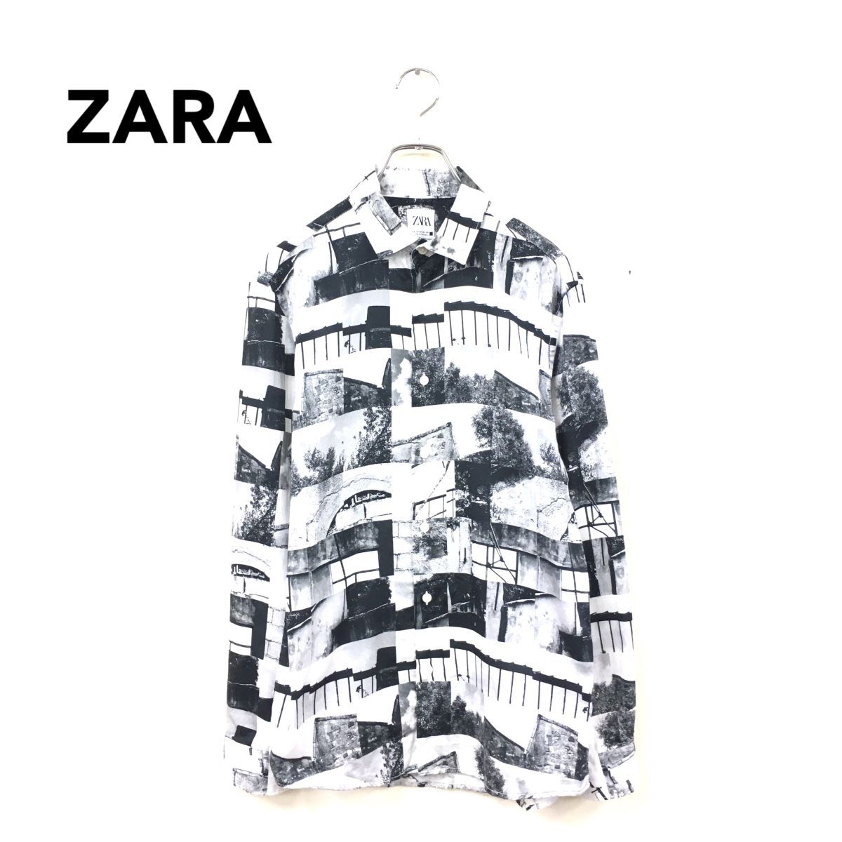 2F2811-T-N◆ZARA ザラ デザインシャツ ロングスリーブシャツ プリント◆sizeM ブラック メンズ トップス コットン100