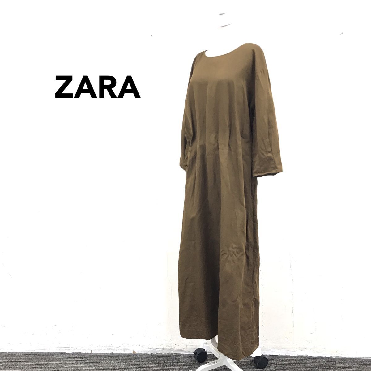 2M1403-Y-N◆ZARA ザラ リネンブレンドワンピース 七分袖 クルーネック ウエストゴム 裏地なし レディース 春夏 ◆size M ブラウン 綿 麻