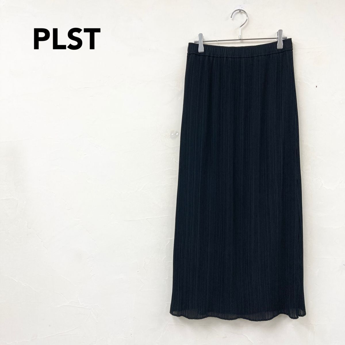 2M1554-K◆良品 PLST プラステ プリーツロングスカート◆sizeL ブラック ウエストゴム 薄手 カジュアル シンプル 履き心地良い レディース