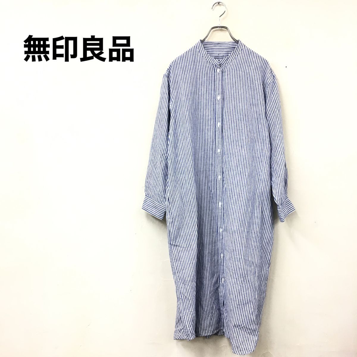 2M2158-O-N◆無印良品 ムジルシリョウヒン 長袖シャツワンピース ストライプ バンドカラー レディース◆sizeM-L ブルー 麻
