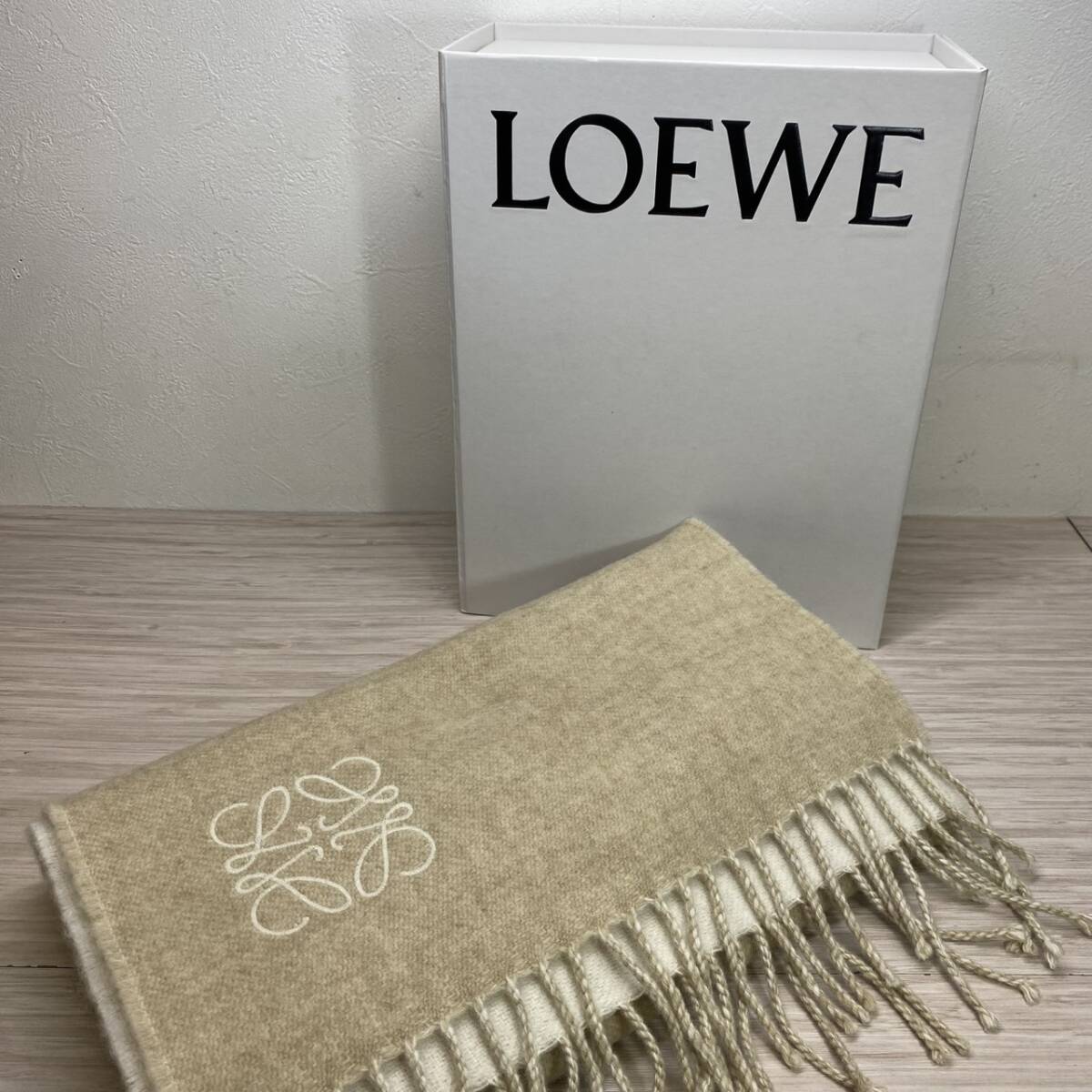 【MH-2582】中古美品 LOEWE バイカラー スカーフ ウール&カシミヤ ベージュ F810250X01 ロエベ マフラー ストール