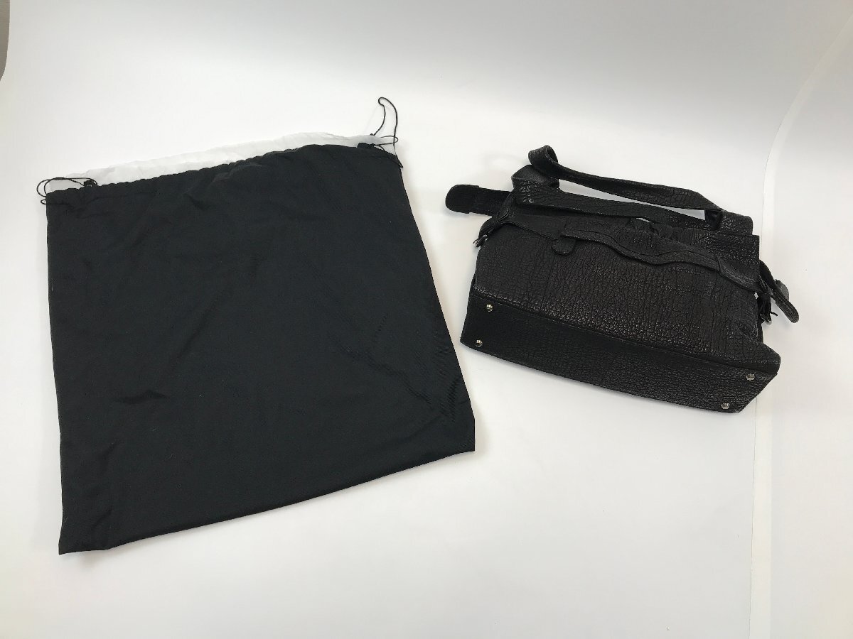 【3-1-3217】型押し レザー ハンドバッグ ブラック 保存袋付き 中古品