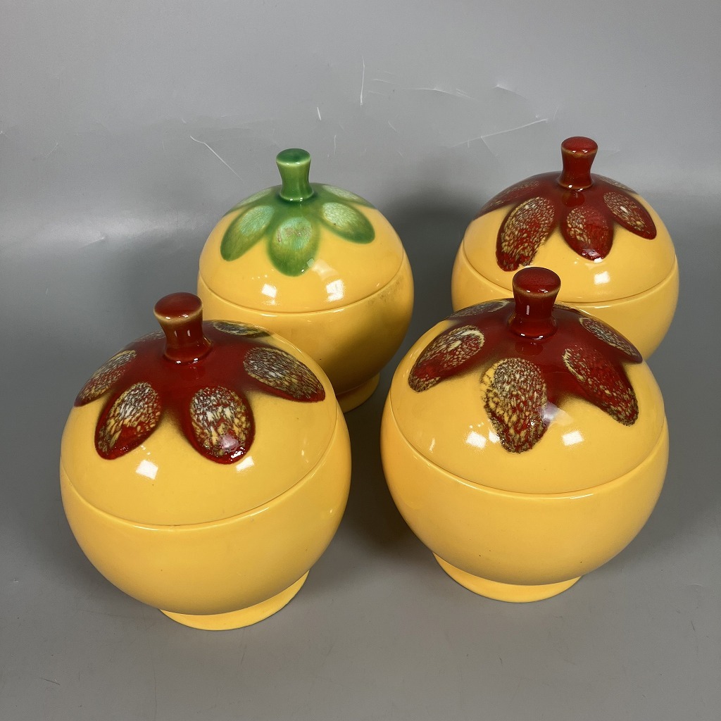 N3-061　キャンディポット シュガーポット 小物入れ フルーツモチーフ 陶器製 黄色 4点セット レトロ 中古品