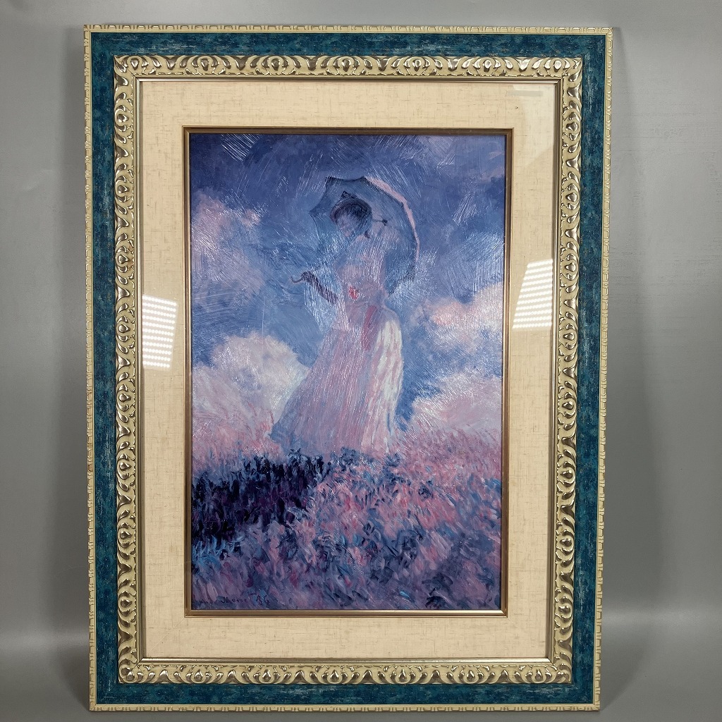 N3-125【複製絵画】絵画 額縁 額装 複製 印刷 クロード・モネ 日傘をさす女 左向き 約73×55×４cm 中古品