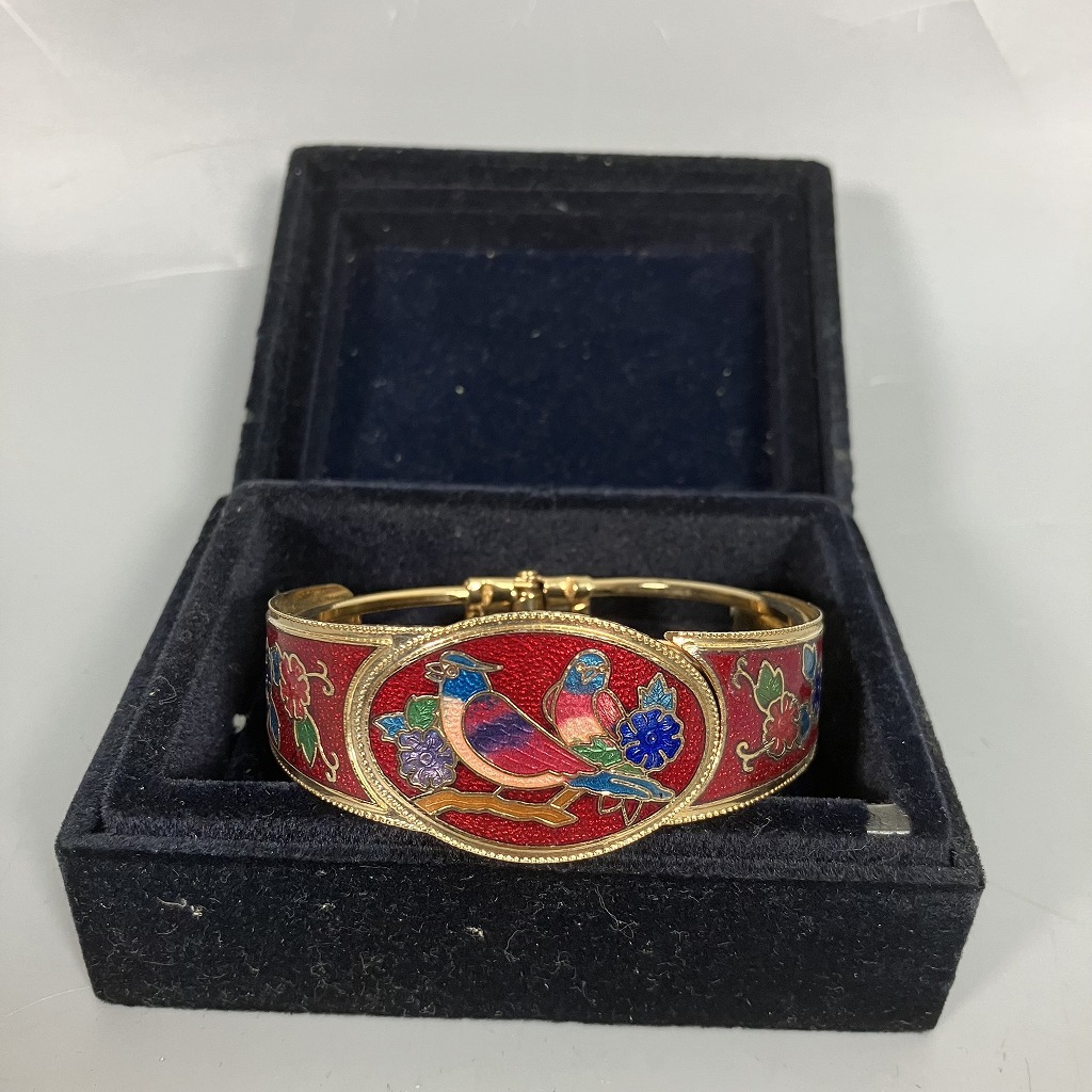 N3-129【直接引取歓迎　栃木県矢板市】アクセサリー ブレスレット 七宝焼 鳥 花 赤 ヴィンテージ レトロ 中古品