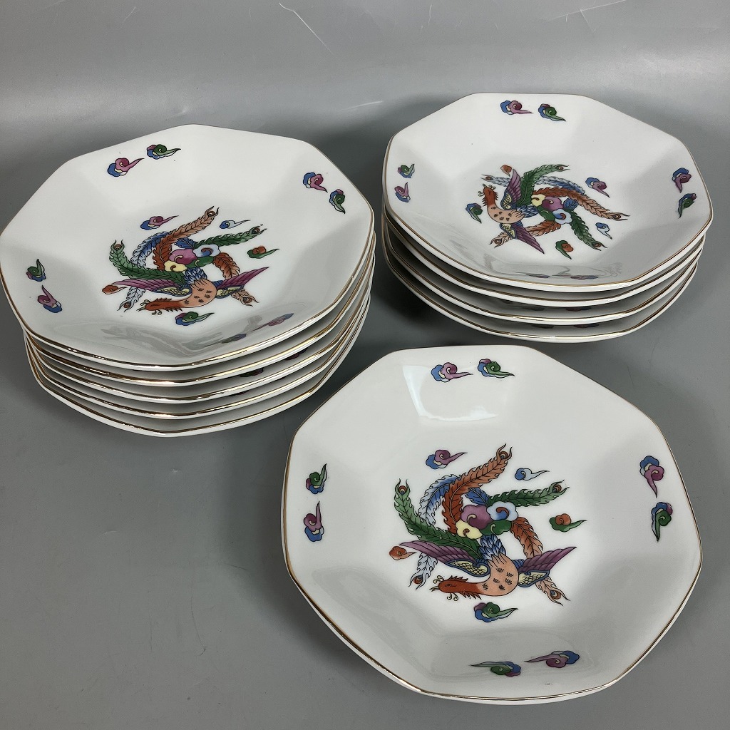 N3-116　食器 鳳凰 中華皿 八角皿 炒飯 約19×19cm 10枚セット 昭和レトロ 中古品 長期保管品