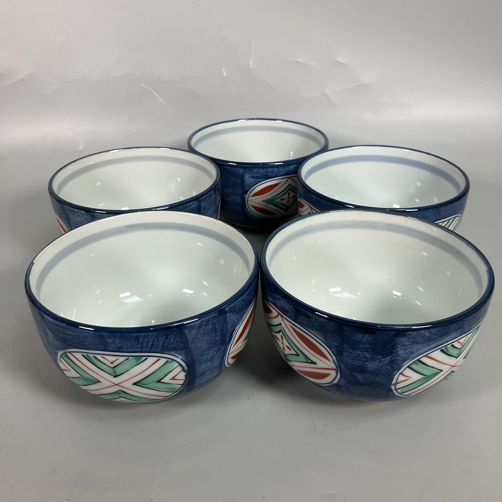 N3-128　和食器 丼 染錦菱紋 多用丼 どんぶり ミニ丼 5個セット 直径約13cm 高さ約8cm 陶器 中古品