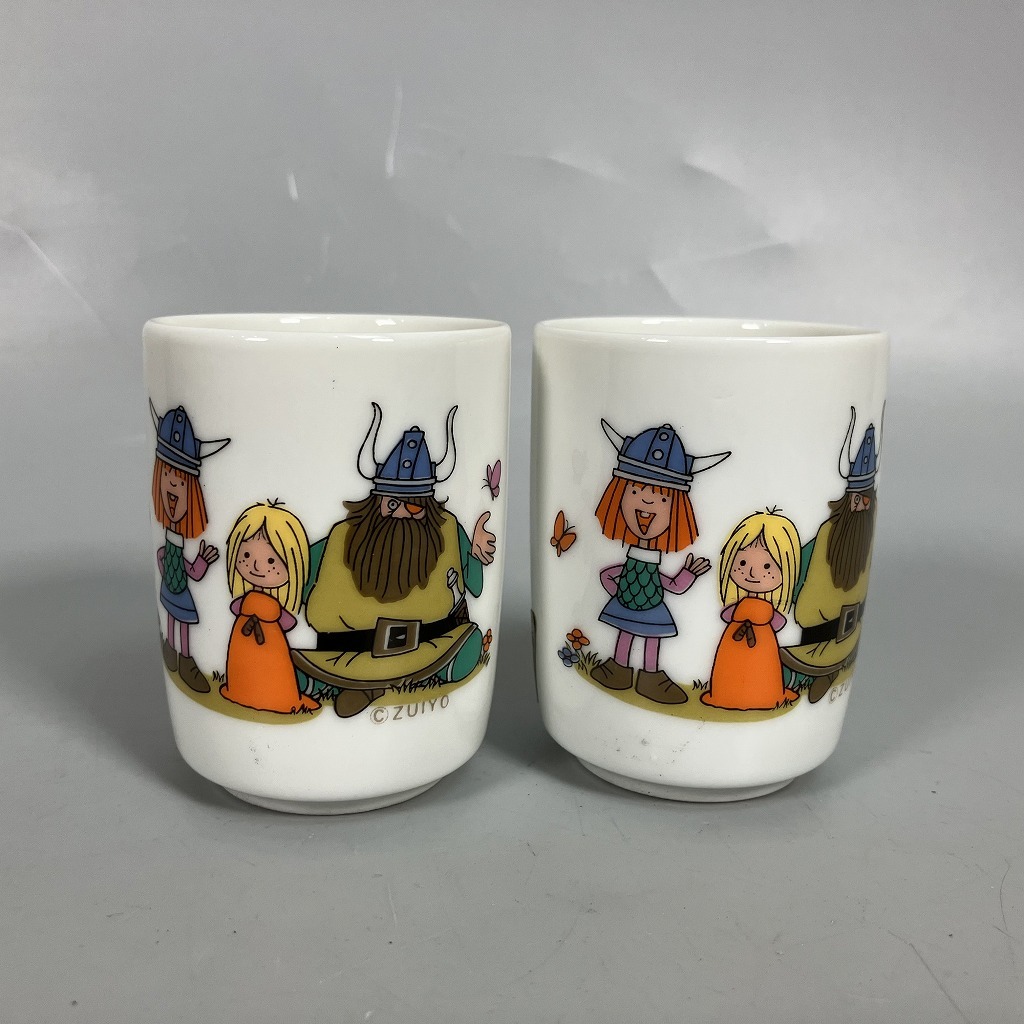 N3-298　陶器 湯呑 ゆのみ コップ ちいさなバイキング ビッケ ビッキー NIKO 2個セット 昭和レトロ 当時品 未使用 中古品 長期保管品